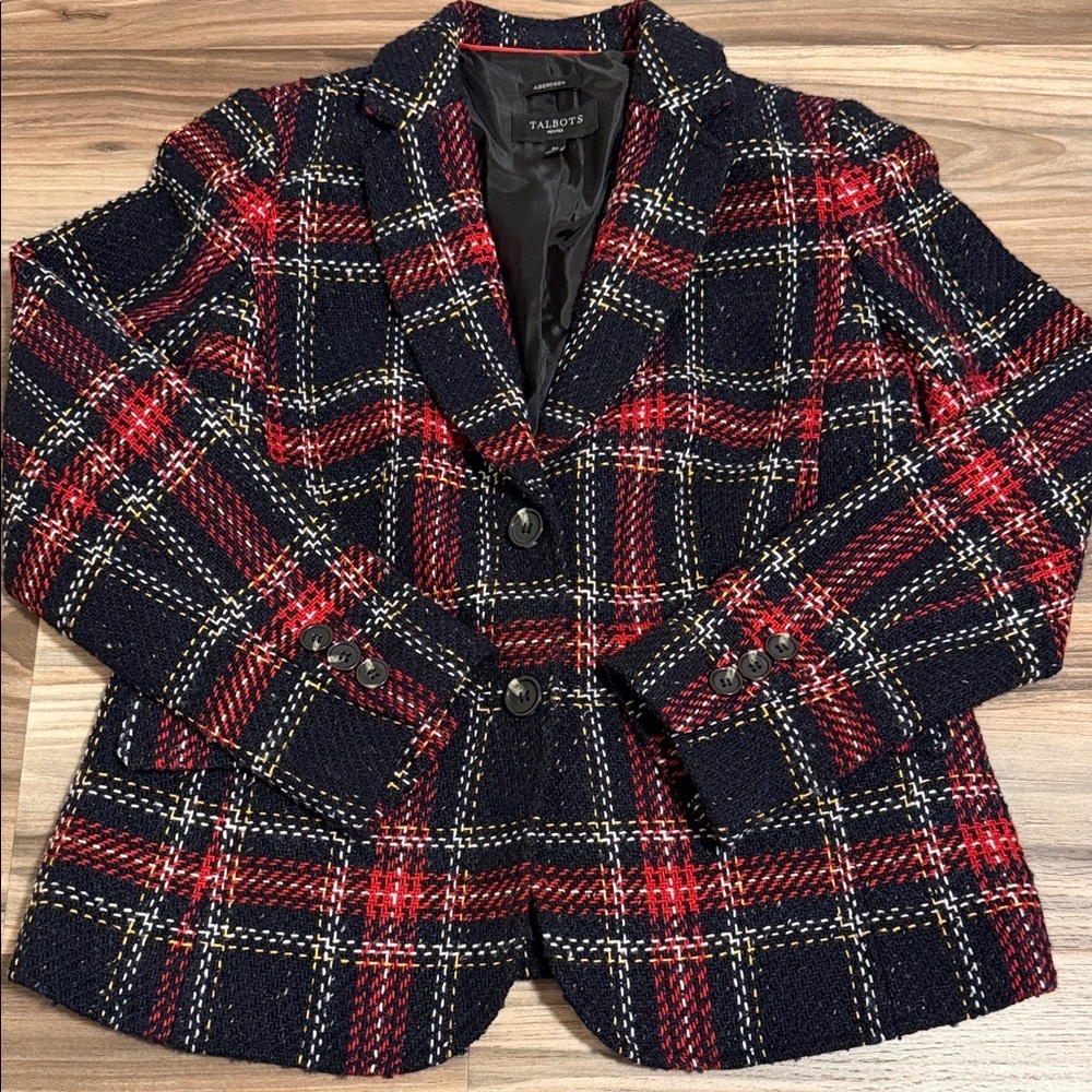 TALBOTS Wool Blend 2 Button ABERDEEN Tweed Office Blazer Women's 6P Black Plaid